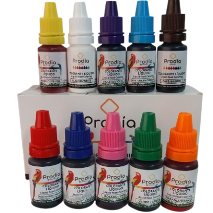 Caja De 12 Colorantes liquidos Marca PRODIA de 10ml.