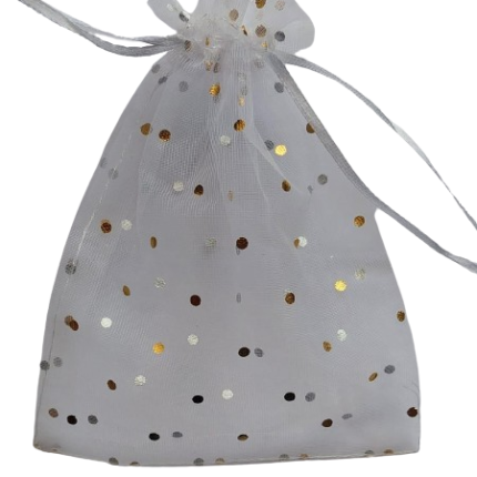 20 Bolsas en Organza o Tela con puntos Dorados Para Detalles