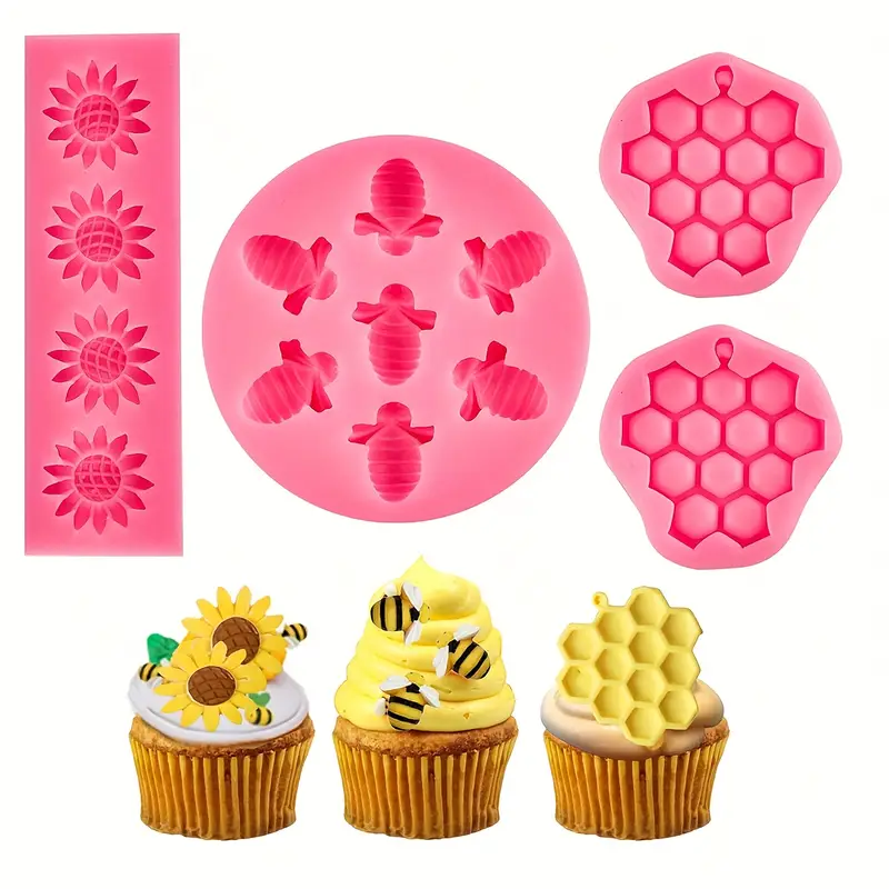 4 Moldes de silicona con formas de colmena, abeja y flor para decoración de pasteles. - Imagen 2