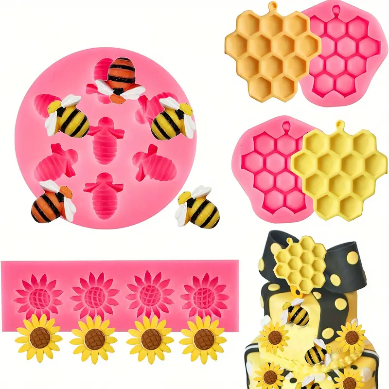 4 Moldes de silicona con formas de colmena, abeja y flor para decoración de pasteles.