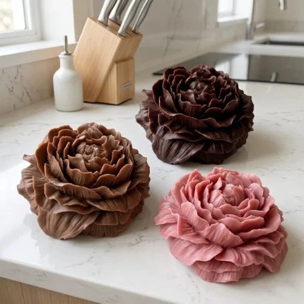 Figura flor peonía en chocolate desmoldada molde silicona decoración tortas bodas Colombia