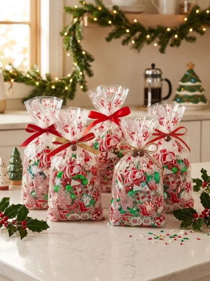 Bolsas navideñas con dulces y galletas empacados cintas rojas repostería navidad Colombia