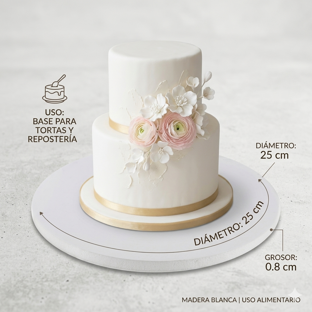 2 Bases de Madera Blanca para Tortas y Repostería 25 cm (Media Libra) - Imagen 2